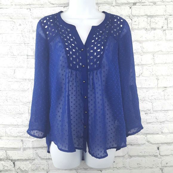 Signature Studio Blouse Womens Small Blue Swiss Dot Eyelet Button Down Top Sheer - Picture 1 of 8